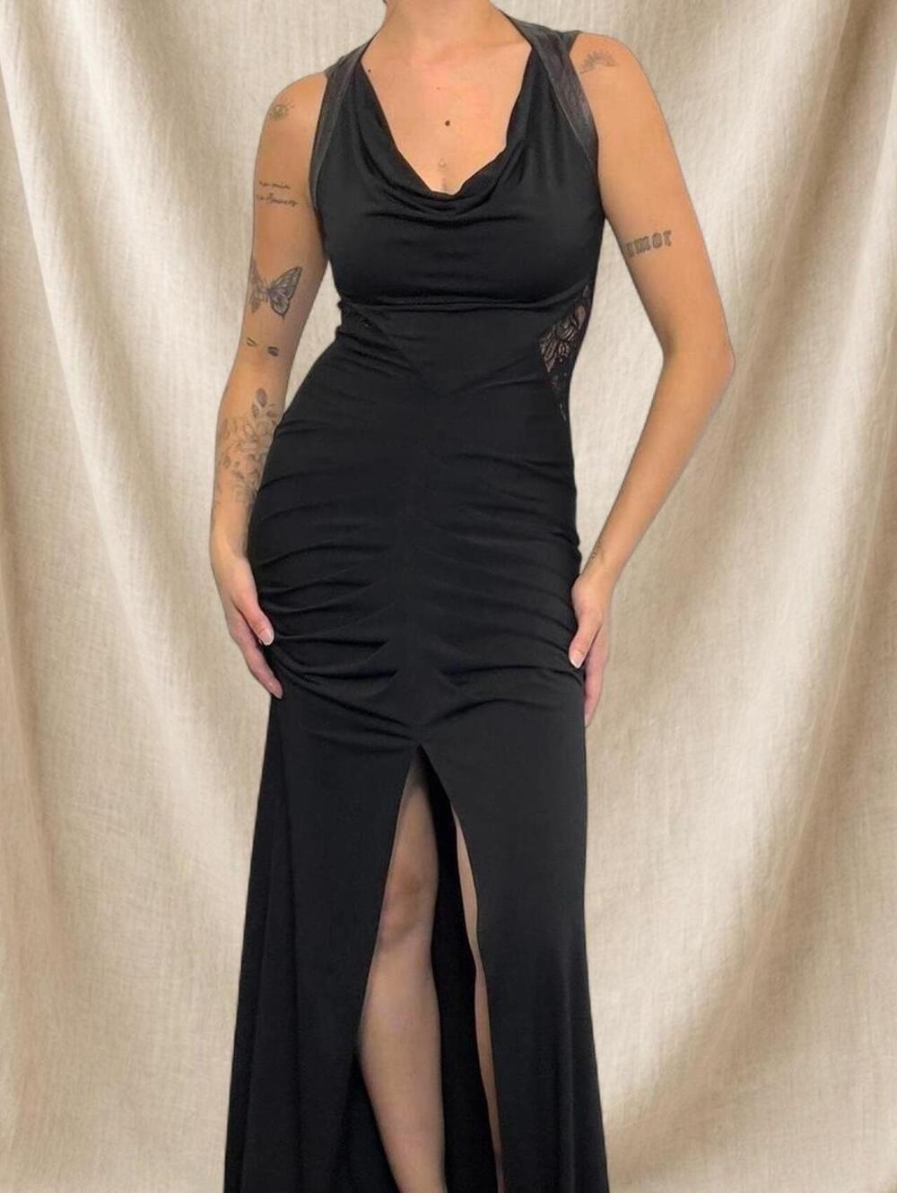 Black bodycon maxi dress with cowl neck, sheer lace panels and front slit